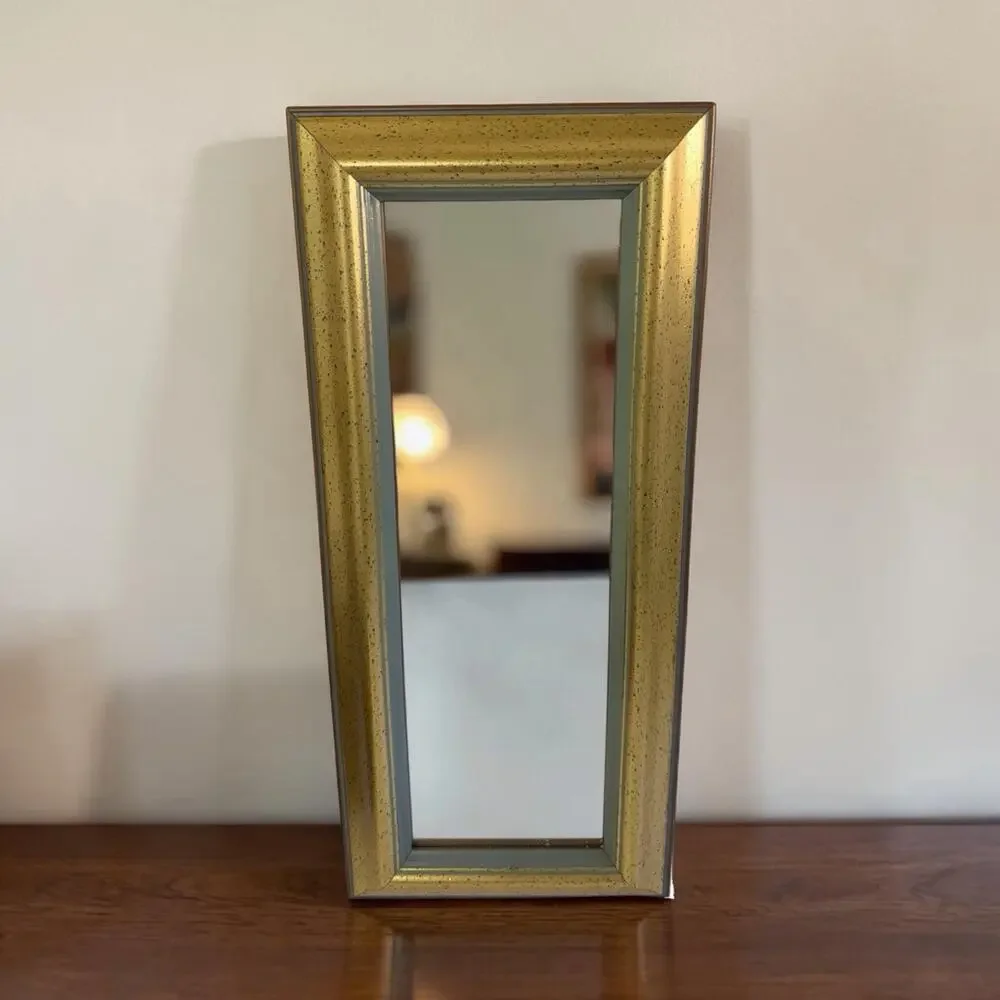 vintage Speckled Gold wooden frame Wall Mirror 16.5”x6.5” Hollywood Regency ￼